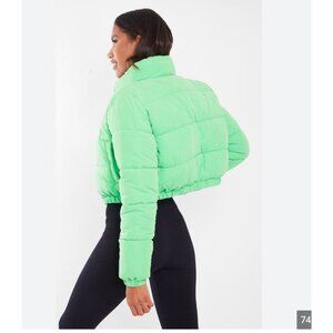 PrettyLittleThings Puffer Jacket Womens XL Green Cropped Hooded Petite Bubbl NWT